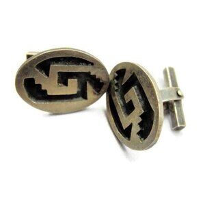 50's Oval Black Ridged RBZ Cufflinks Modern Sterling Silver 925 Patina Antique